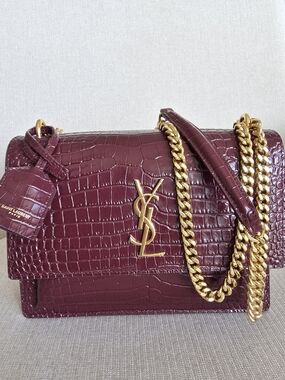 Saint Laurent SUNSET Burgundy Croc-Embossed Leather Shoulder Bag with Gold Chain